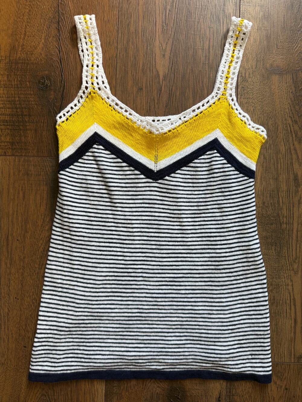 Trina Turk Preppy Nautical Striped Cotton Linen Crochet Knit Tank Top XS